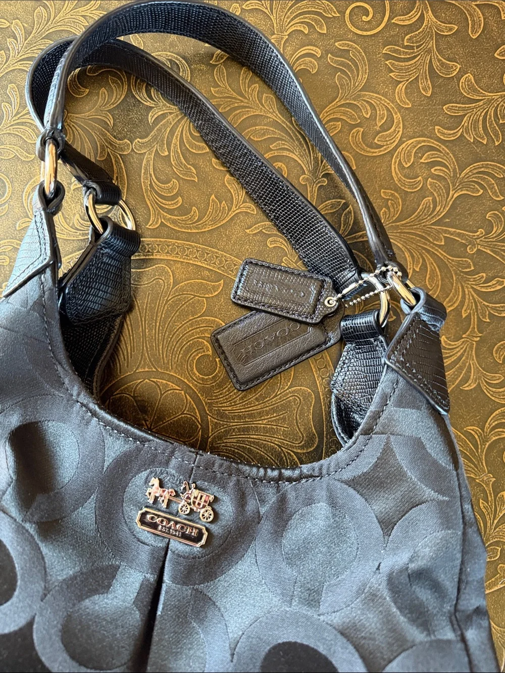 Coach Black Signature C Satin Hobo Bag